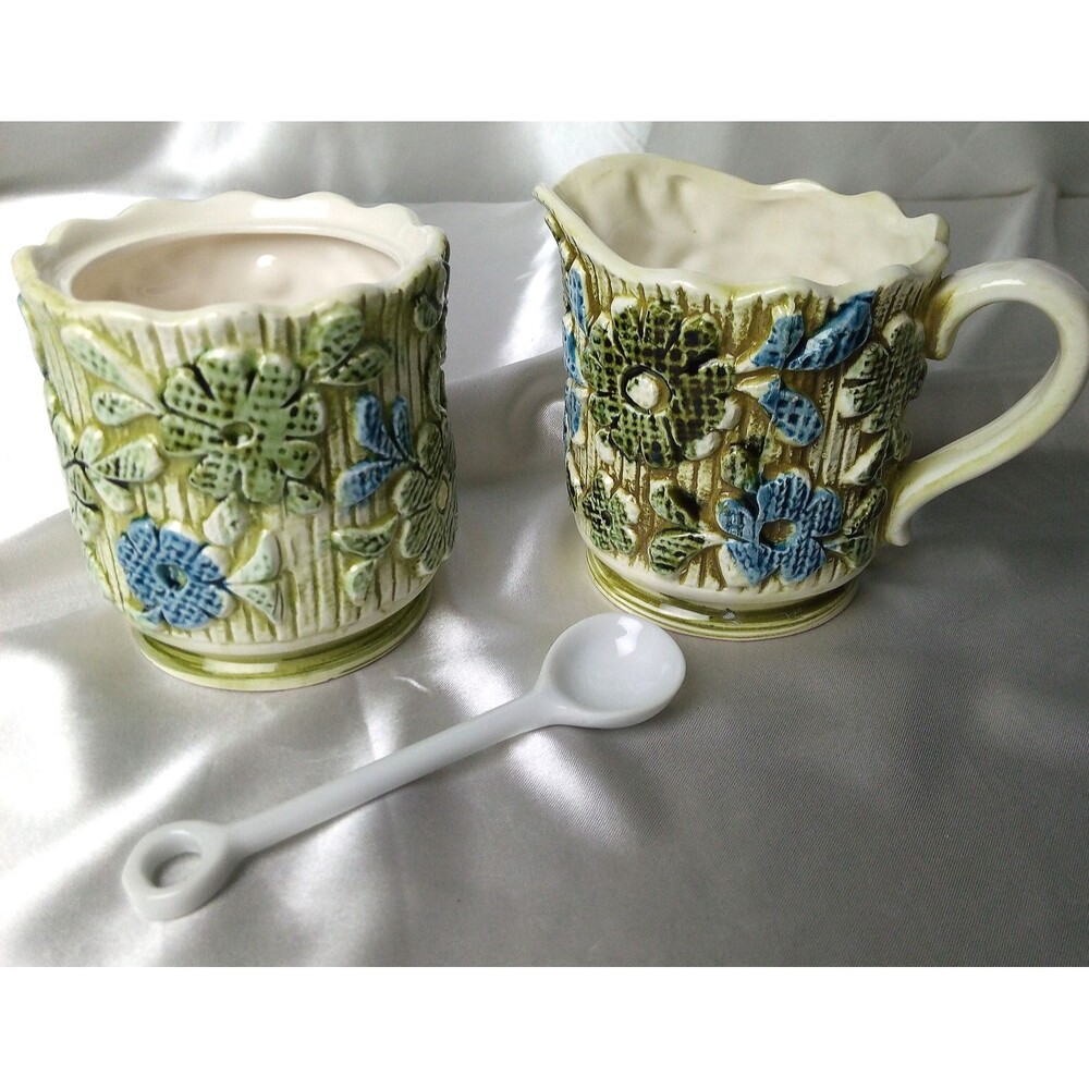 Inarco Vintage Cream and Covered Sugar Bowl Blue and Green Raised Daises
